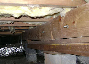 A sagging crawl space with concrete supports and wooden shimming a Williamsport crawl space